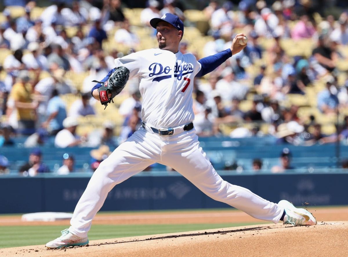 Aug 23, 2026; Los Angeles, California, USA;  Los Angeles Dodgers pitcher Blake Snell (7) pitches against the Pittsburgh Pirates during the first inning at UNIQLO Field at Dodger Stadium.  Mandatory Credit: William Navarro-Imagn Images