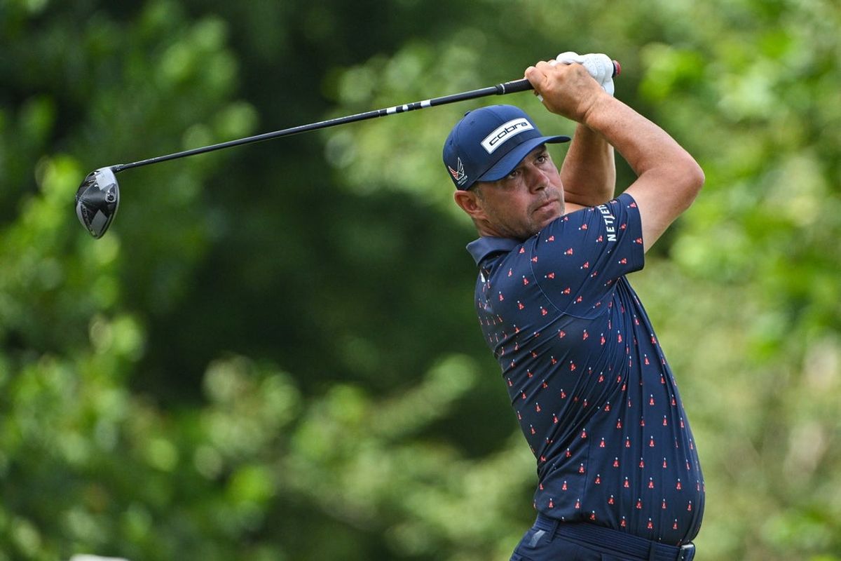 Aug 23, 2026; Saint Louis, Missouri, USA; Gary Woodland plays his shot on the eighth tee during the final round of the BMW Championship golf tournament. Mandatory Credit: Jeff Curry-Imagn Images