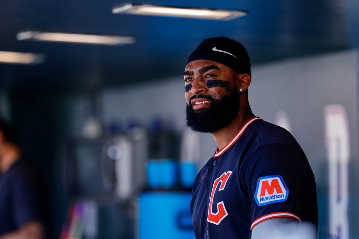 Aug 23, 2026; Denver, Colorado, USA; Cleveland Guardians right fielder Jo Adell (7) looks on in the first inning against the Colorado Rockies at Coors Field. Mandatory Credit: Isaiah J. Downing-Imagn Images
