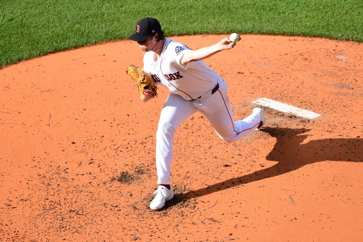 Aug 23, 2026; Boston, Massachusetts, USA;  Boston Red Sox pitcher Jake Bennett (64) pitches during the sixth inning against the San Francisco Giants at Fenway Park. Mandatory Credit: Bob DeChiara-Imagn Images