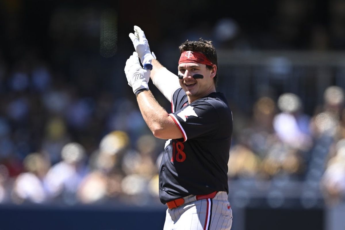 Aug 23, 2026; San Diego, California, USA;  Minnesota Twins left fielder Alan Roden (18) gestures after hitting a double during the fifth inning against the San Diego Padres at Petco Park.  Mandatory Credit: Denis Poroy-Imagn Images