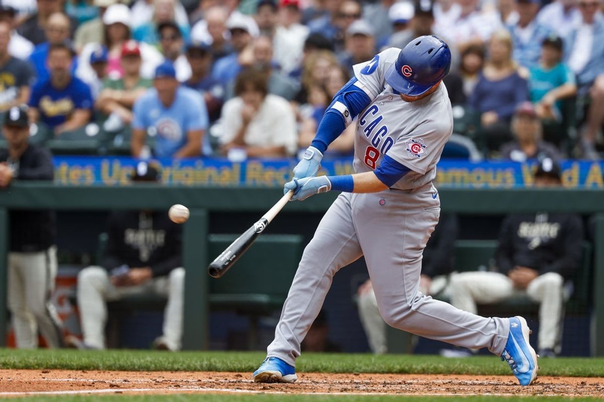 Aug 23, 2026; Seattle, Washington, USA; Chicago Cubs left fielder Ian Happ (8) runs the bases after hitting a grand-slam home run against the Seattle Mariners during the third inning at T-Mobile Park. Mandatory Credit: Joe Nicholson-Imagn Images