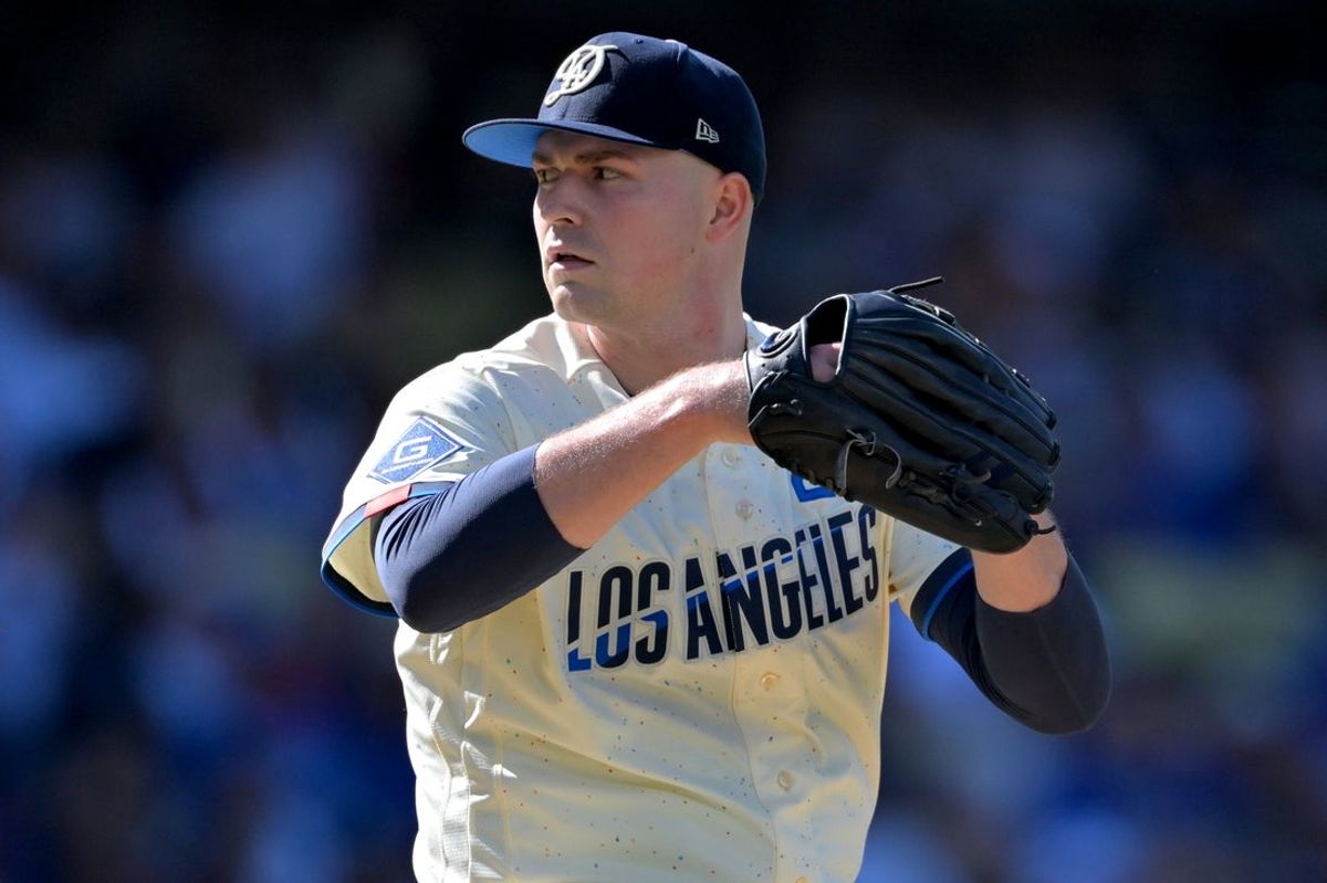 Aug 22, 2026; Los Angeles, California, USA;  Los Angeles Dodgers pitcher Tarik Skubal (29) throws to the plate in the fifth inning against the Pittsburgh Pirates at Dodger Stadium. Mandatory Credit: Jayne Kamin-Oncea-Imagn Images