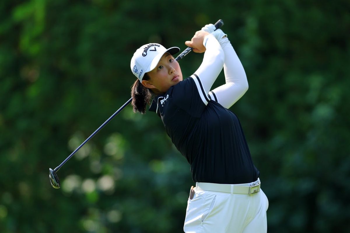 Aug 23, 2026; Edmonton, Alberta, CAN;  Ruoning Yin hits a drive from the fourth tee box during the final round of the CPKC Women's Open golf tournament at Royal Mayfair Golf Club.  Mandatory Credit: James Maclennan-Imagn Images