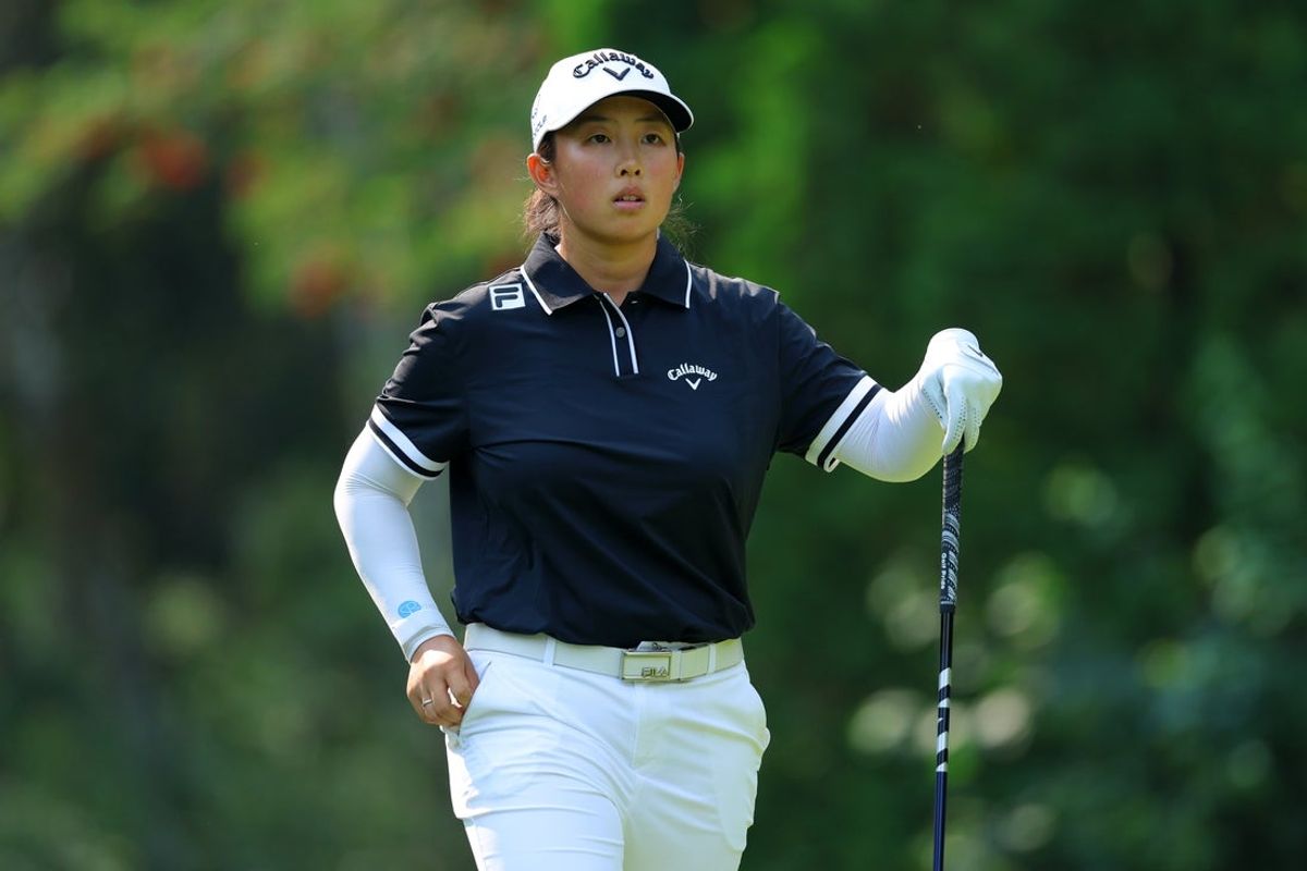 Aug 23, 2026; Edmonton, Alberta, CAN;  Ruoning Yin watches her drive from the fourth tee box during the final round of the CPKC Women's Open golf tournament at Royal Mayfair Golf Club.  Mandatory Credit: James Maclennan-Imagn Images