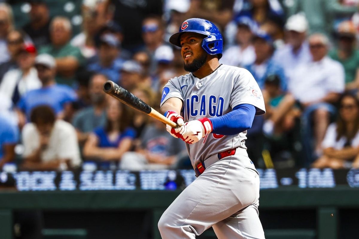 Aug 23, 2026; Seattle, Washington, USA; Chicago Cubs second baseman Pedro Ramírez (75) hits a grand-slam home run against the Seattle Mariners during the eighth inning at T-Mobile Park. Mandatory Credit: Joe Nicholson-Imagn Images