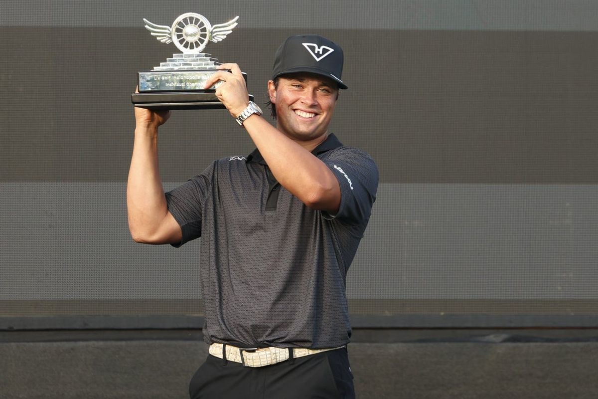 Aug 23, 2026; Westfield, Indiana, USA;  Michael La Sasso celebrates after earning first place during the final round go the LIV Golf Indianapolis golf tournament at The Club at Chatham Hills.  Mandatory Credit: Jerod Ringwald-Imagn Images