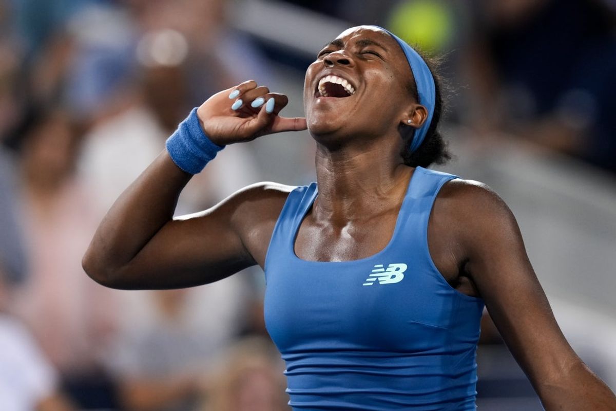 Aug 23, 2026; Cincinnati, OH, USA;  Coco Gauff (USA) celebrates defeating Jessica Pegula (USA) during the finals of the Cincinnati Open at Lindner Family Tennis Center. Mandatory Credit: Aaron Doster-Imagn Images