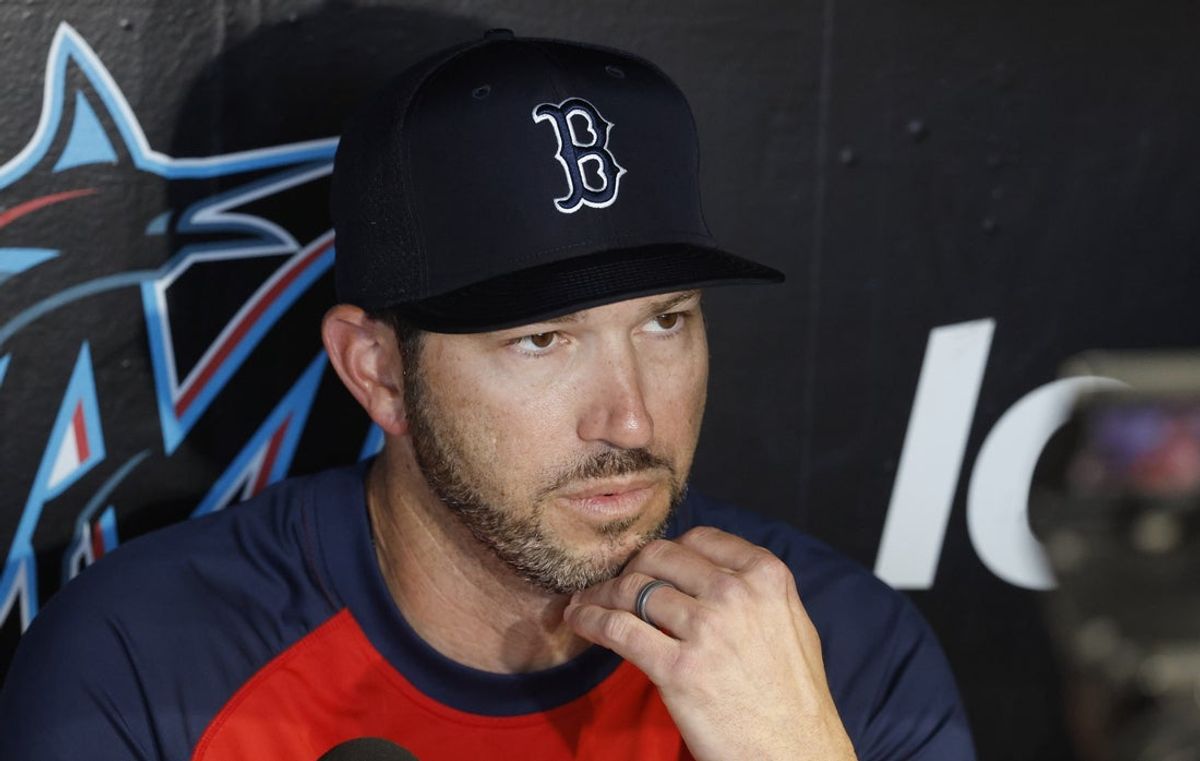 Aug 24, 2026; Miami, Florida, USA;  Boston Red Sox interim manager Chad Tracy (17) addresses the media against the Miami Marlins before the game at loanDepot Park.  Mandatory Credit: Rhona Wise-Imagn Images
