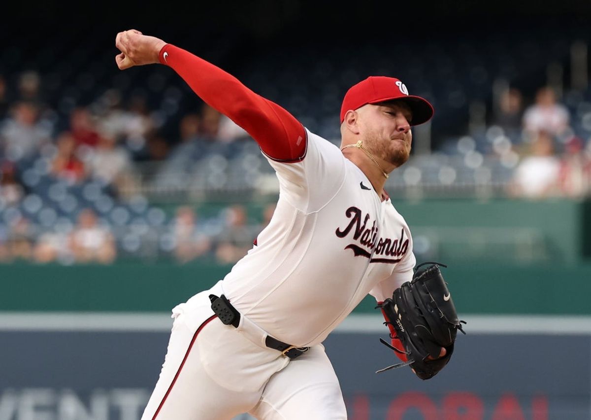 Aug 24, 2026; Washington, District of Columbia, USA;  Washington Nationals pitcher Cade Cavalli (24) pitches against the Colorado Rockies during the first inning at Nationals Park.  Mandatory Credit: Geoff Burke-Imagn Images