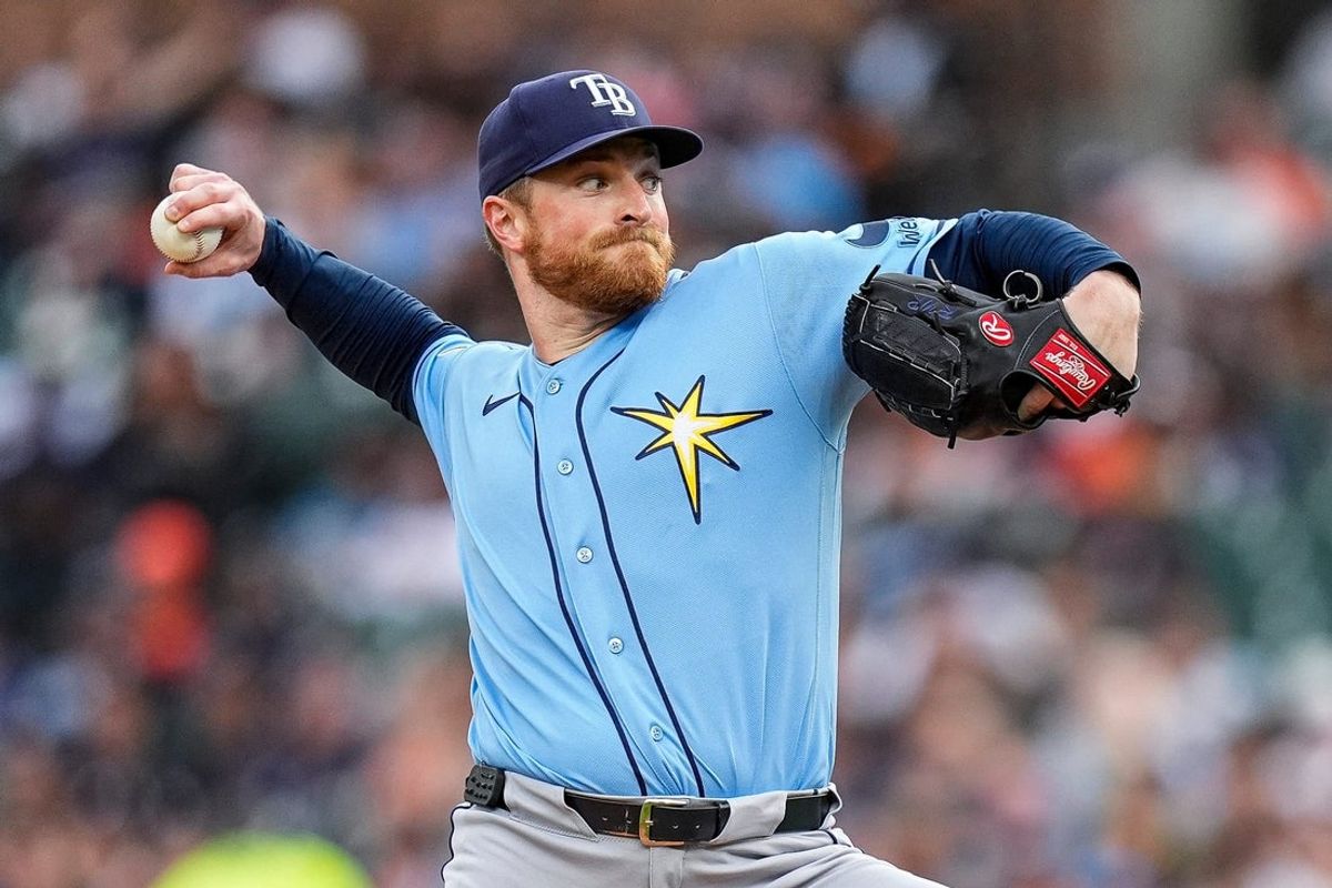 Tampa Bay Rays pitcher Drew Rasmussen (57) throws against the Detroit Tigers during the first inning at Comerica Park in Detroit on Monday, August 24, 2026.