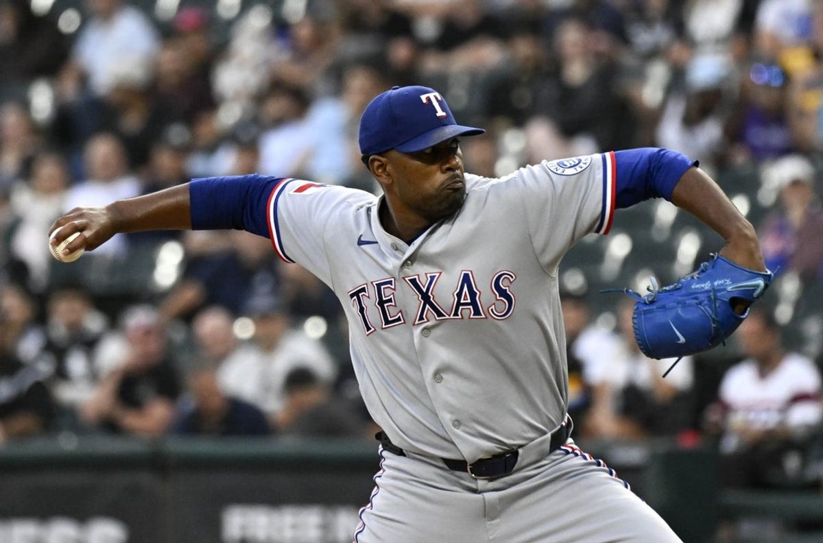 Aug 24, 2026; Chicago, Illinois, USA;  Texas Rangers pitcher Kumar Rocker (80) delivers the ball during the first inning against the Chicago White Sox at Rate Field.  Mandatory Credit: Matt Marton-Imagn Images