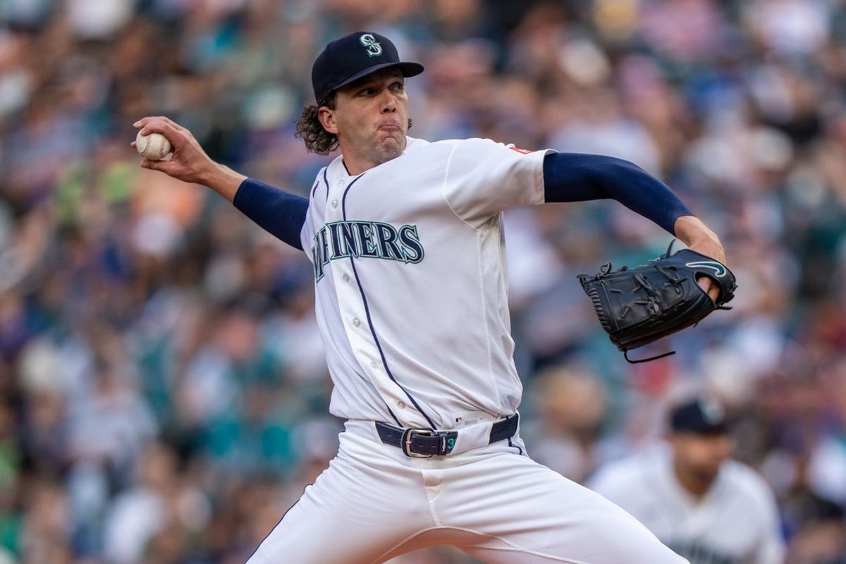 Aug 24, 2026; Seattle, Washington, USA;  Seattle Mariners starter Logan Gilbert (36) delivers a pitch during the first inning against the Philadelphia Phillies at T-Mobile Park. Mandatory Credit: Stephen Brashear-Imagn Images