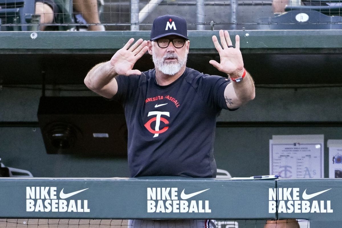 Aug 24, 2026; West Sacramento, California, USA;  Minnesota Twins manager Derek Shelton (8) motions to his team during the second inning of the game against the Athletics at Sutter Health Park.  Mandatory Credit: Ed Szczepanski-Imagn Images