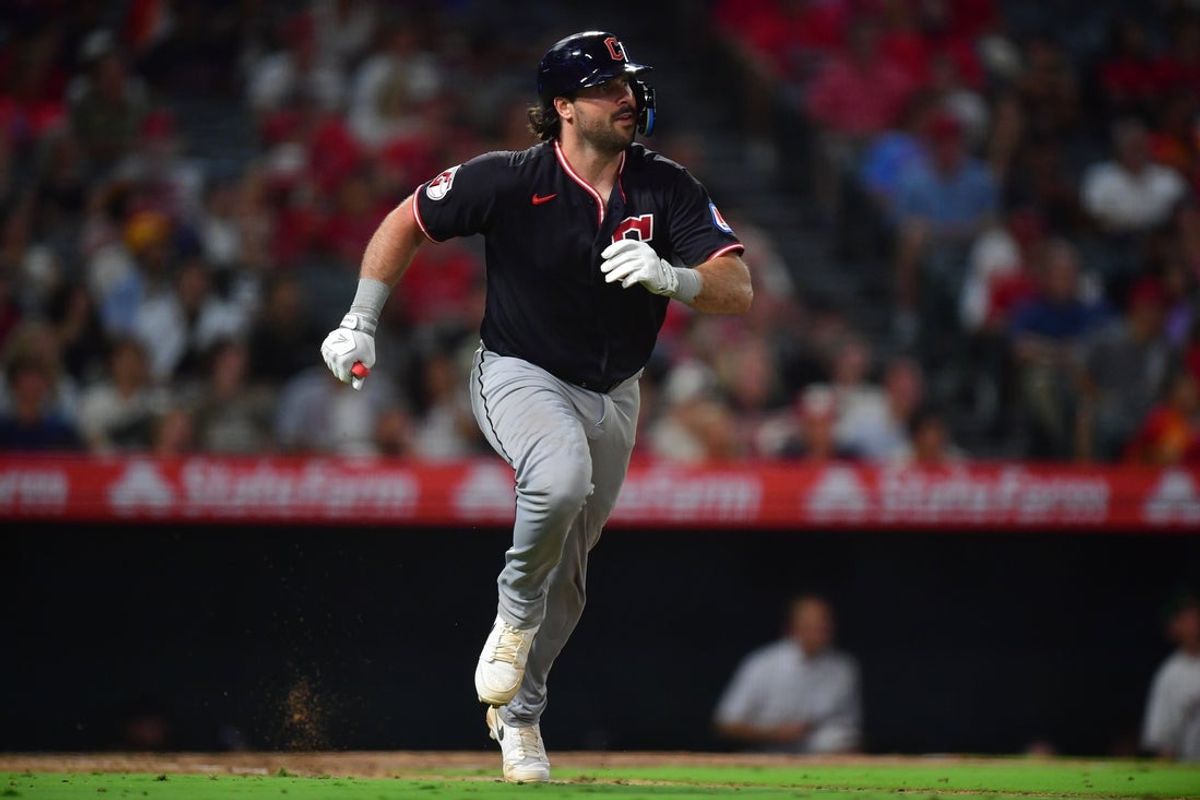 Aug 24, 2026; Anaheim, California, USA;Cleveland Guardians catcher Austin Hedges (27) runs after hitting a two run home run against the Los Angeles Angels during the sixth inning at Angel Stadium. Mandatory Credit: Gary A. Vasquez-Imagn Images