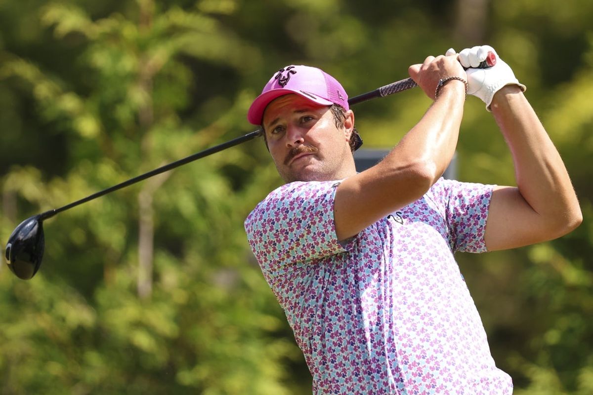 Aug 21, 2026; Westfield, Indiana, USA; Peter Uihlein tees off on hole five during the second round go the LIV Golf Indianapolis golf tournament at The Club at Chatham Hills. Mandatory Credit: Jerod Ringwald-Imagn Images