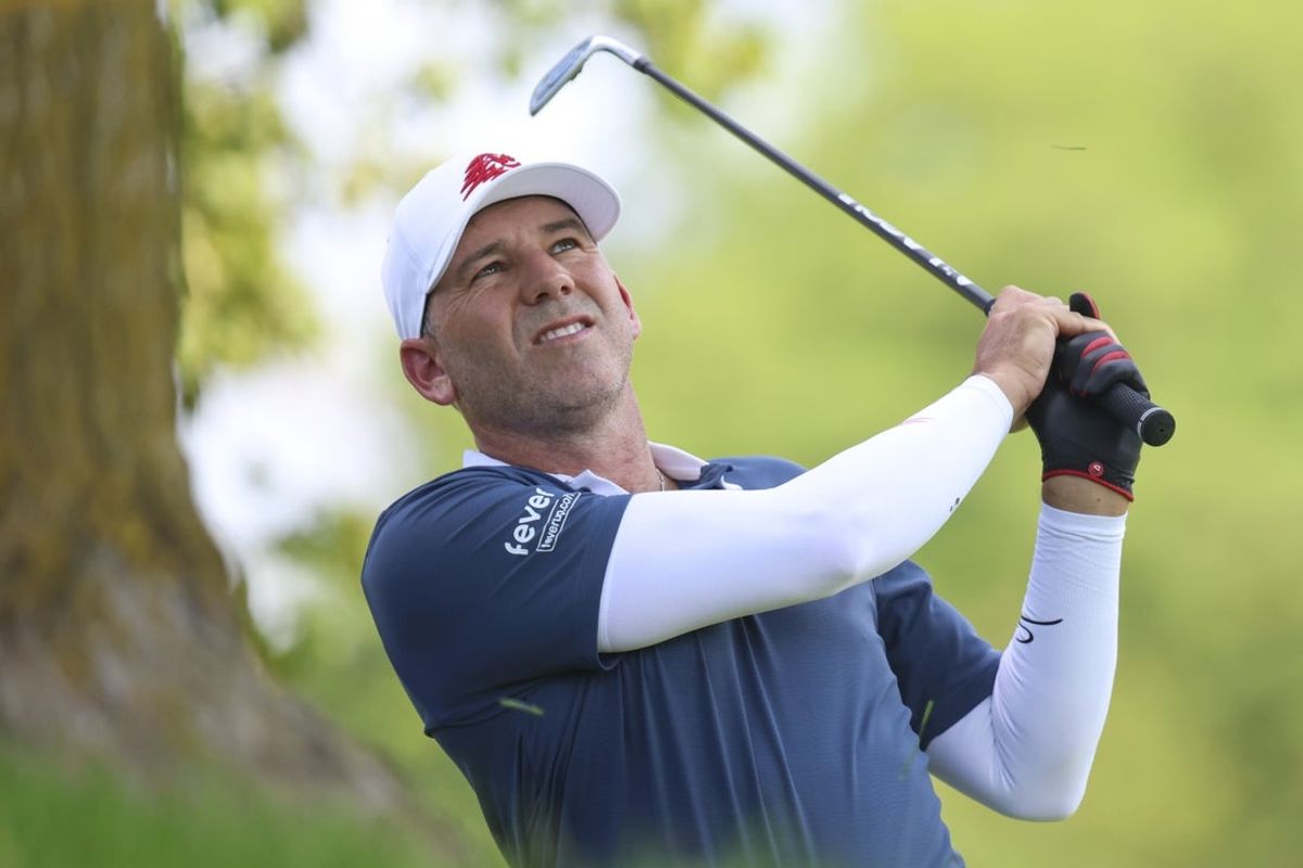 Aug 21, 2026; Westfield, Indiana, USA; Sergio Garcia hits out of the rough on hole four during the second round of the LIV Golf Indianapolis golf tournament at The Club at Chatham Hills. Mandatory Credit: Jerod Ringwald-Imagn Images