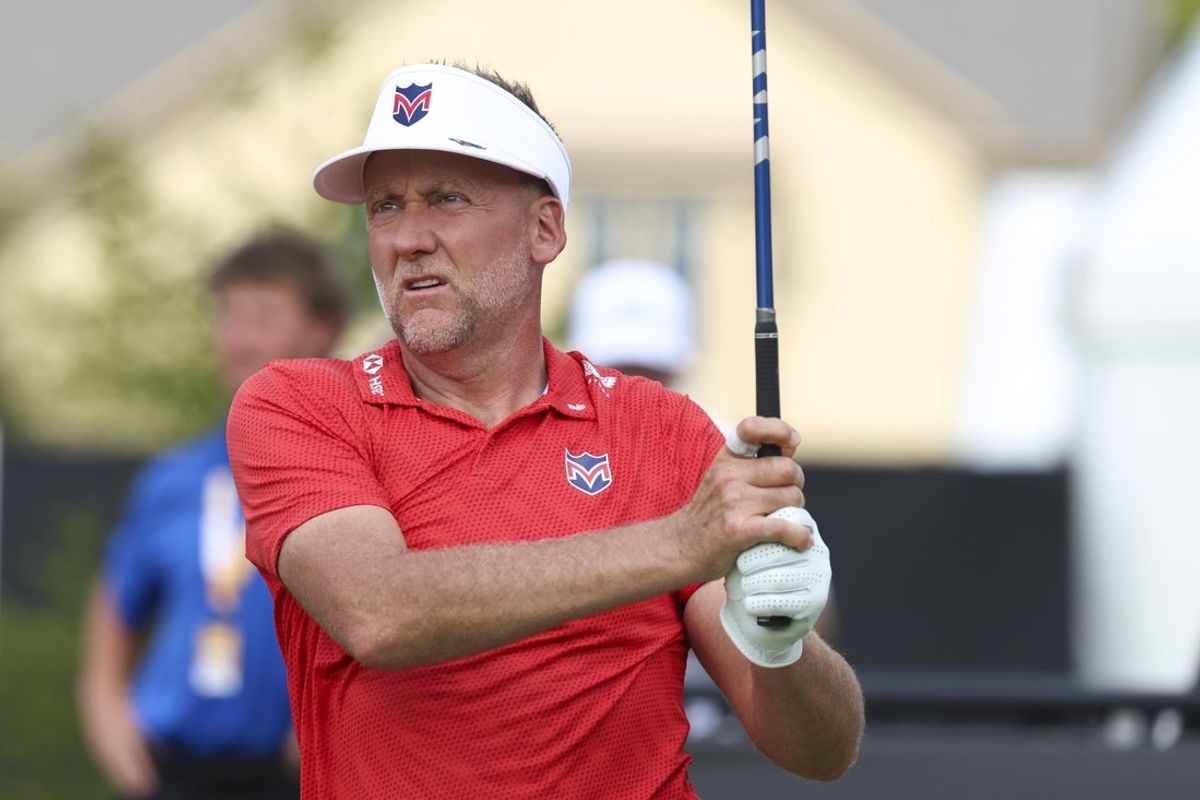 Aug 21, 2026; Westfield, Indiana, USA; Ian Poulter tees off on hole one during the second round go the LIV Golf Indianapolis golf tournament at The Club at Chatham Hills. Mandatory Credit: Jerod Ringwald-Imagn Images