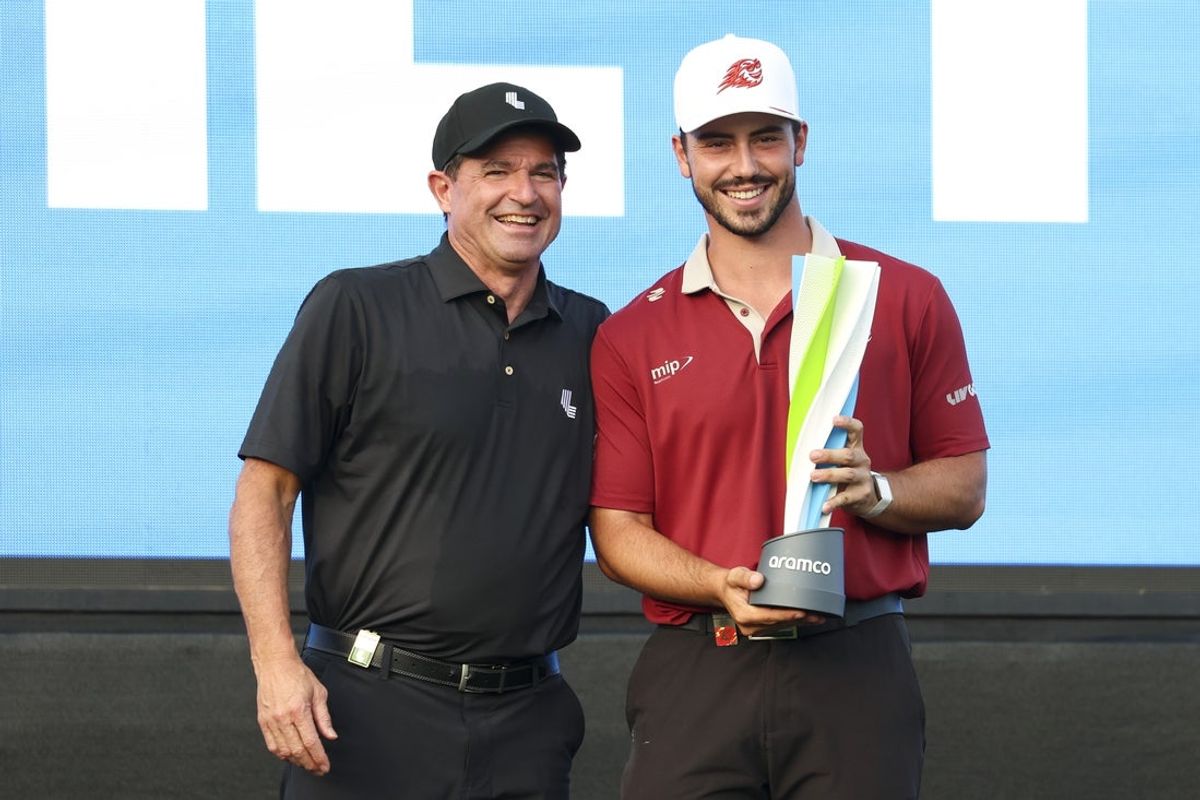 Aug 23, 2026; Westfield, Indiana, USA; LIV Golf CEO Scott O'Neil poses for a photo with Power Player of the Year Josele Ballester during the final round of the LIV Golf Indianapolis golf tournament at The Club at Chatham Hills. Mandatory Credit: Jerod Ringwald-Imagn Images