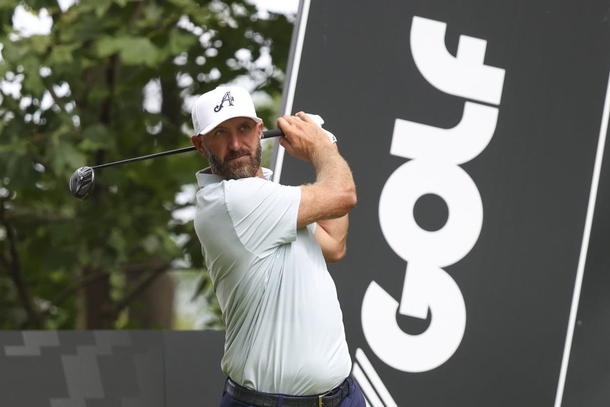 Aug 20, 2026; Westfield, Indiana, USA; Dustin Johnson tees off on hole four during the first round of the LIV Golf Indianapolis golf tournament at The Club at Chatham Hills. Mandatory Credit: Jerod Ringwald-Imagn Images