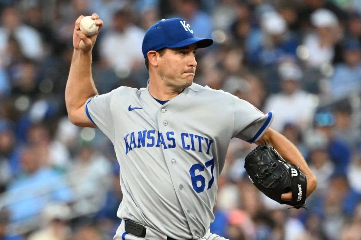 Aug 25, 2026; Toronto, Ontario, CAN;  Kansas City Royals starting pitcher Seth Lugo (67) delivers a pitch against the Toronto Blue Jays in the first inning at Rogers Centre.  Mandatory Credit: Dan Hamilton-Imagn Images