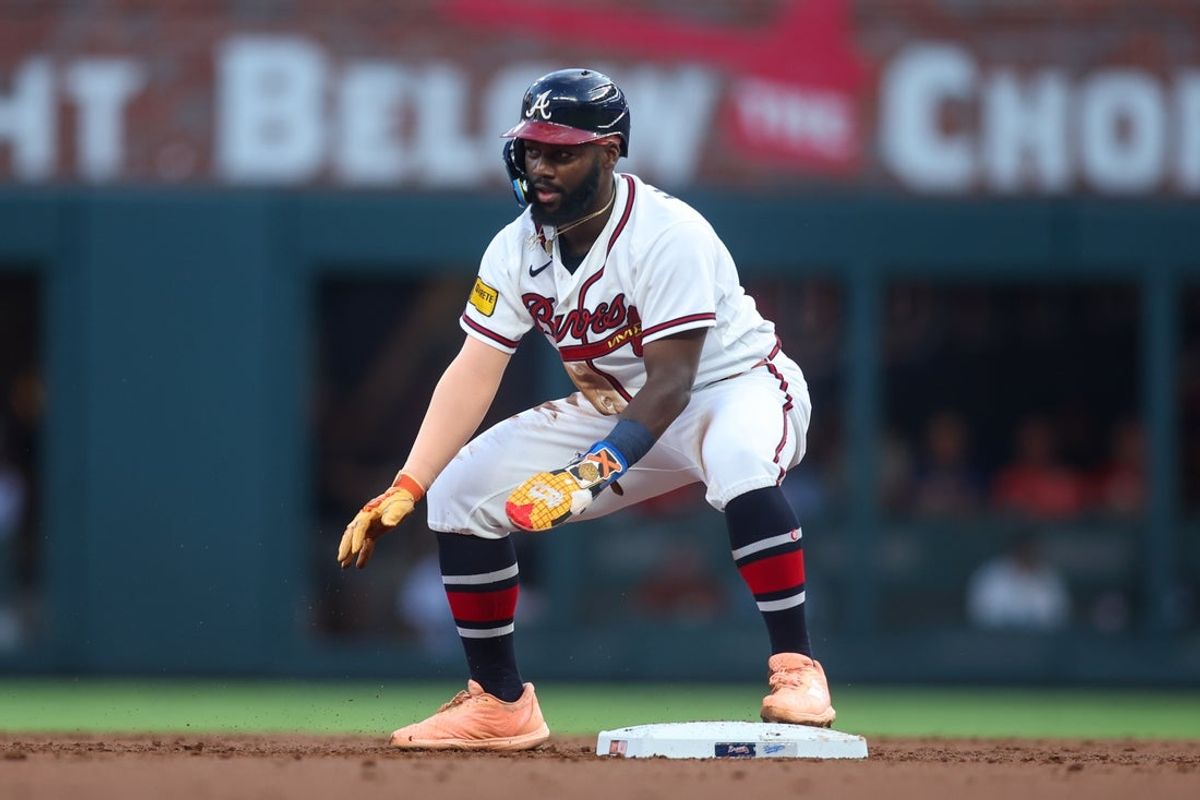 Aug 25, 2026; Atlanta, Georgia, USA; Atlanta Braves center fielder Michael Harris II (23) reacts after stealing second base against the Los Angeles Dodgers in the first inning at Truist Park. Mandatory Credit: Brett Davis-Imagn Images