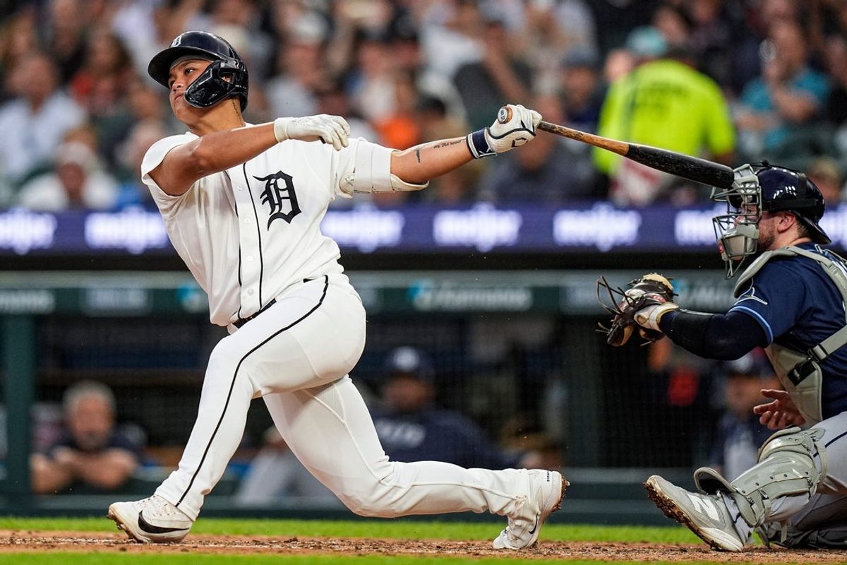 Detroit Tigers third baseman Hao-Yu Lee (50) bats against Tampa Bay Rays during the fifth inning at Comerica Park in Detroit on Tuesday, August 25, 2026.