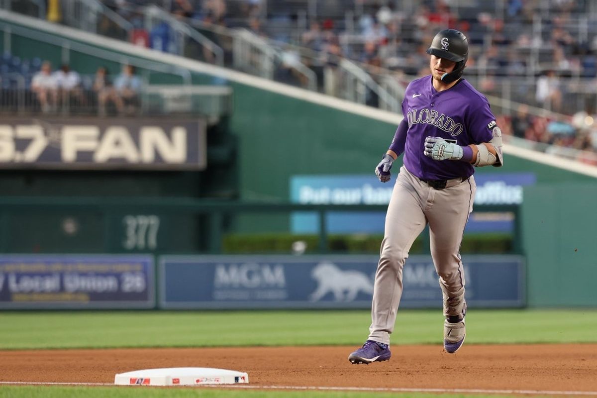 Aug 25, 2026; Washington, District of Columbia, USA; Colorado Rockies catcher Hunter Goodman (15) rounds the bases after hitting a solo home run against the Washington Nationals during the fourth inning at Nationals Park. Mandatory Credit: Geoff Burke-Imagn Images