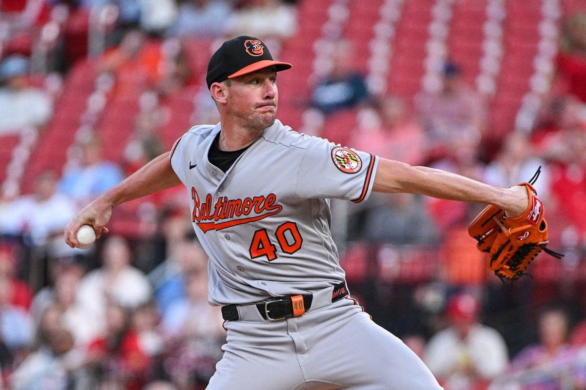 Aug 25, 2026; St. Louis, Missouri, USA; Baltimore Orioles pitcher Chris Bassitt (40) throws against the St. Louis Cardinals during the first inning at Busch Stadium. Mandatory Credit: Jeff Curry-Imagn Images