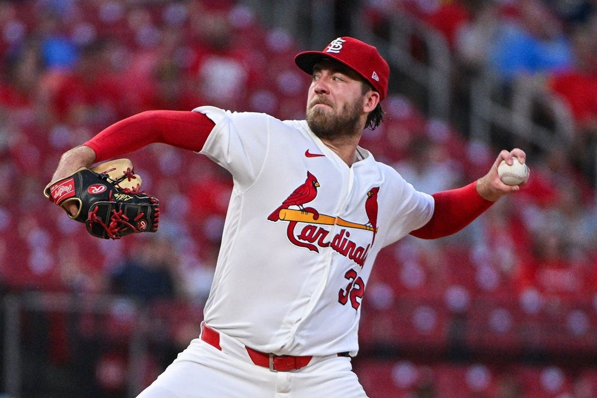 Aug 25, 2026; St. Louis, Missouri, USA; St. Louis Cardinals pitcher Matthew Liberatore (32) throws against the Baltimore Orioles during the third inning at Busch Stadium. Mandatory Credit: Jeff Curry-Imagn Images