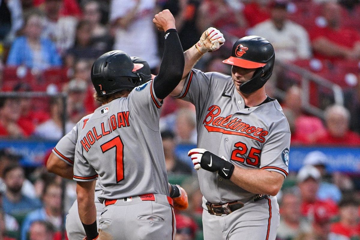Aug 25, 2026; St. Louis, Missouri, USA; Baltimore Orioles first baseman Pete Alonso (25) celebrates with second baseman Jackson Holliday (7) after hitting a three run home run against the St. Louis Cardinals during the third inning at Busch Stadium. Mandatory Credit: Jeff Curry-Imagn Images