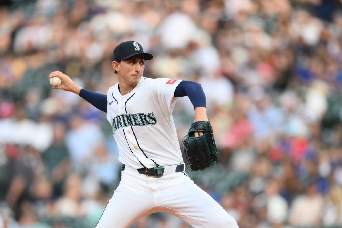 Aug 25, 2026; Seattle, Washington, USA; Seattle Mariners starting pitcher George Kirby (68) pitches to the Philadelphia Phillies during the first inning at T-Mobile Park. Mandatory Credit: Steven Bisig-Imagn Images