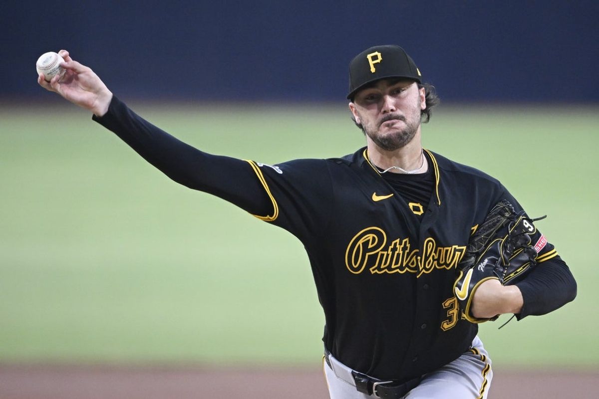 Aug 25, 2026; San Diego, California, USA;  Pittsburgh Pirates pitcher Paul Skenes (30) delivers during the first inning against the San Diego Padres at Petco Park.  Mandatory Credit: Denis Poroy-Imagn Images