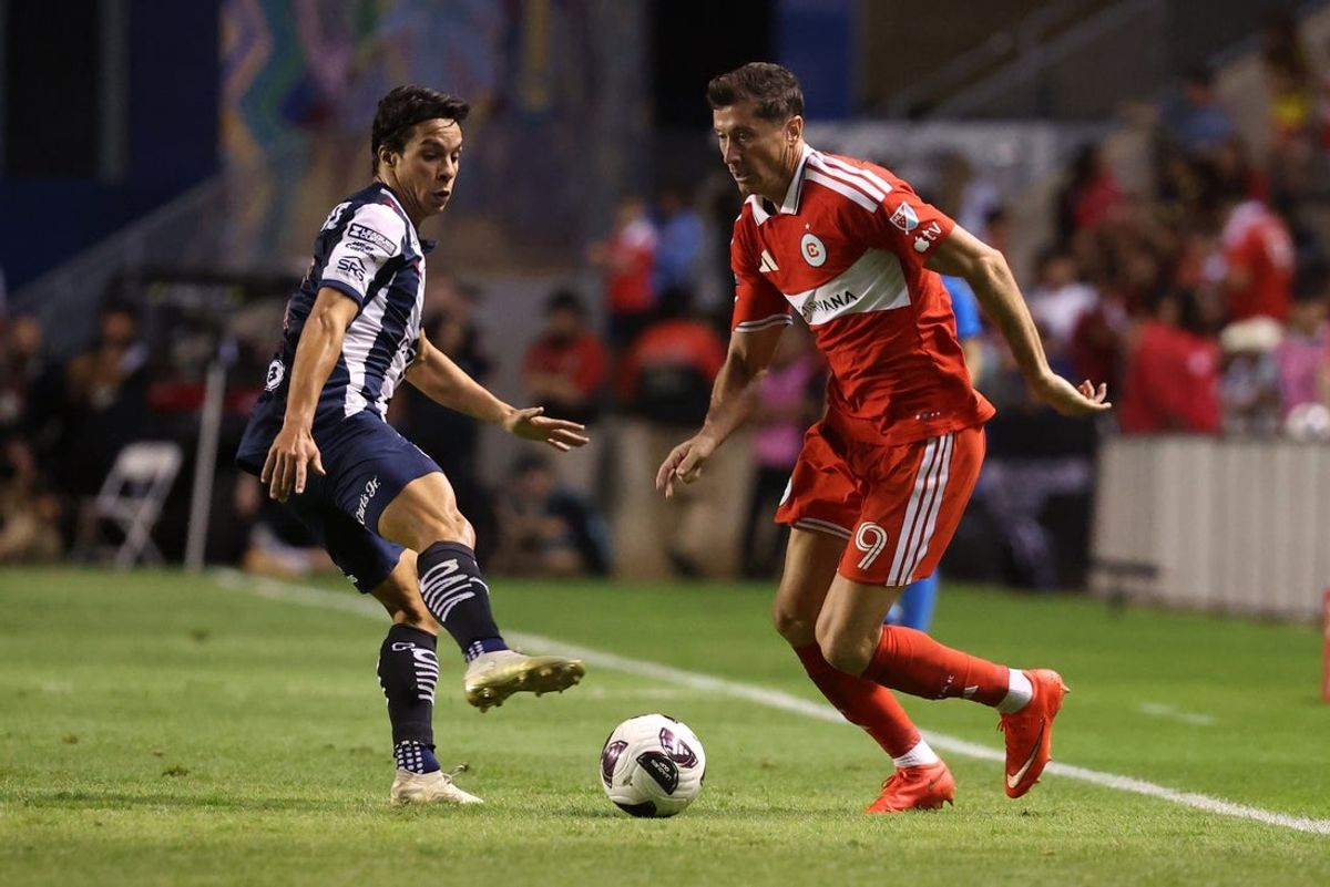 Aug 25, 2026; Bridgeview, Illinois, USA;  Chicago Fire striker Robert Lewandowski (9) in action against Monterrey in the second half during the Leagues Cup Quarterfinals at SeatGeek Stadium.  Mandatory Credit: Talia Sprague-Imagn Images