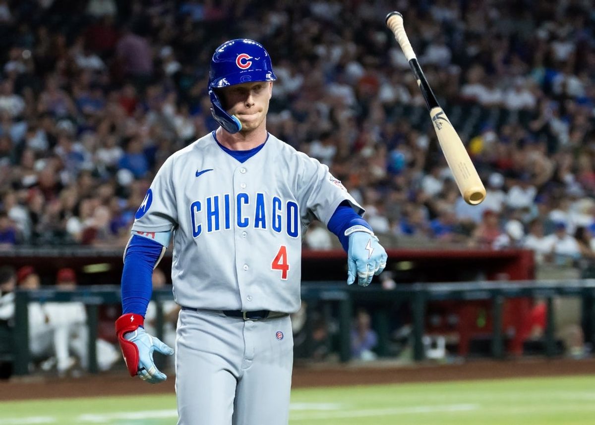 Aug 25, 2026; Phoenix, Arizona, USA; Chicago Cubs outfielder Pete Crow-Armstrong throws his bat after flying out in the third inning against the Arizona Diamondbacks at Chase Field. Mandatory Credit: Mark J. Rebilas-Imagn Images