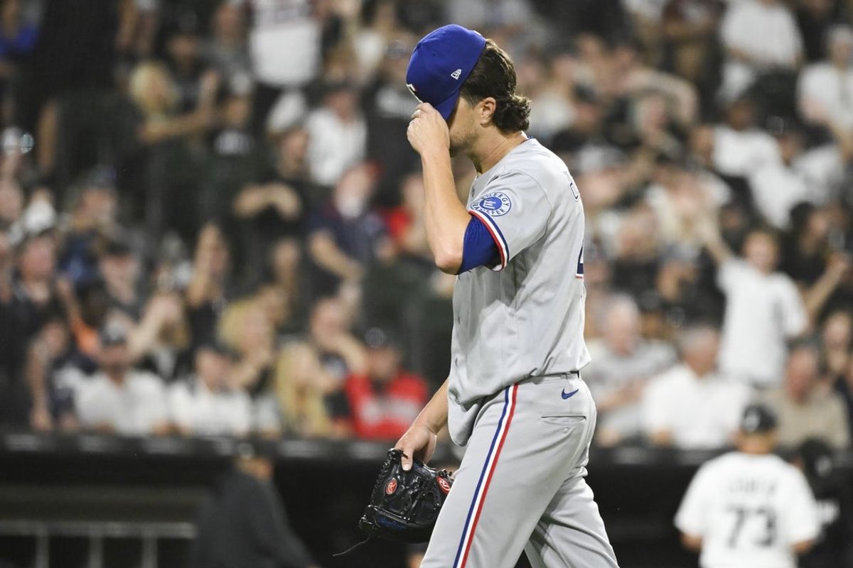 Aug 25, 2026; Chicago, Illinois, USA;  Texas Rangers pitcher Jacob Degrom (48) leaves the field after being relieved during the fourth inning against the Chicago White Sox at Rate Field.  Mandatory Credit: Matt Marton-Imagn Images
