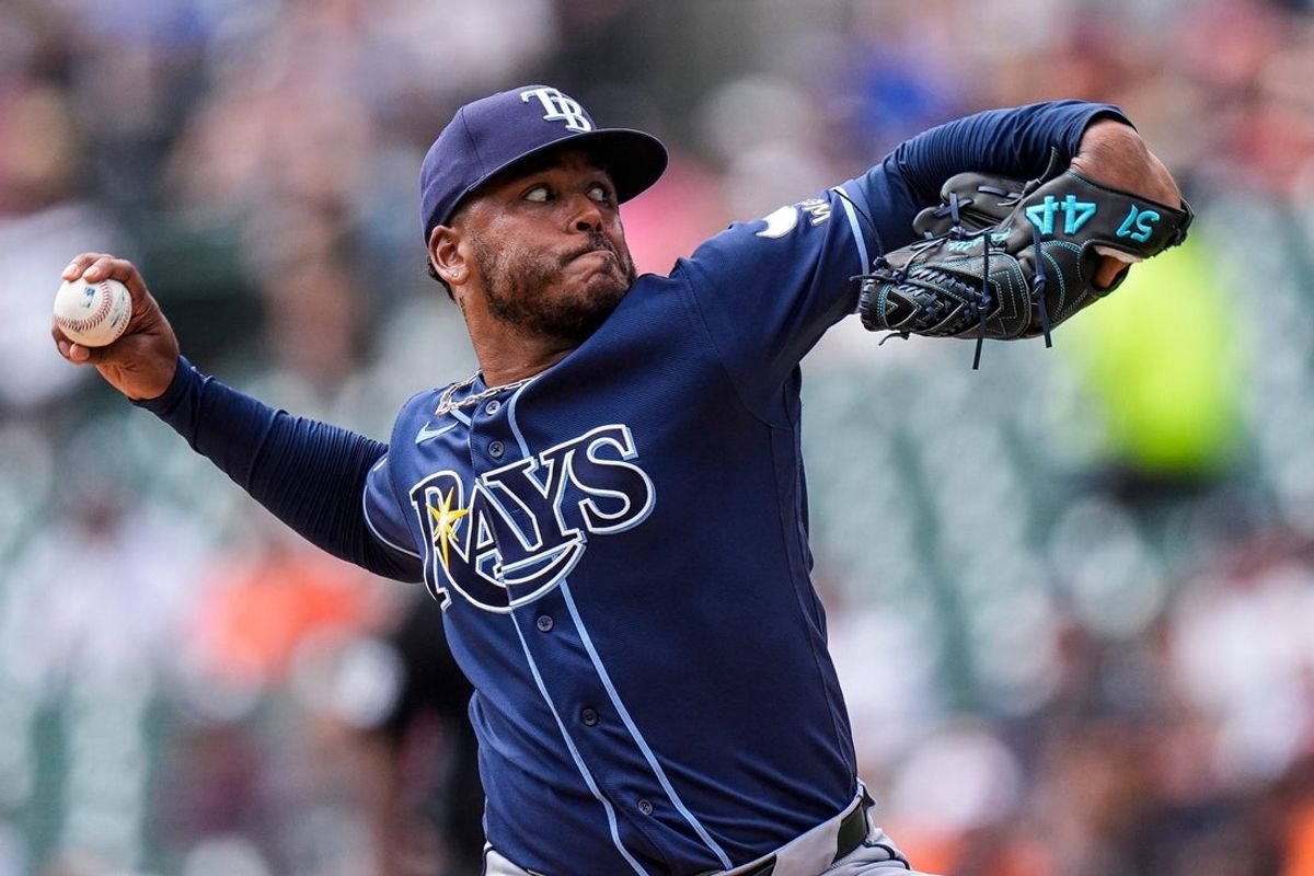 Tampa Bay Rays pitcher Freddy Peralta (51) throws against the Detroit Tigers during the first inning at Comerica Park in Detroit on Wednesday, Aug. 26, 2026.