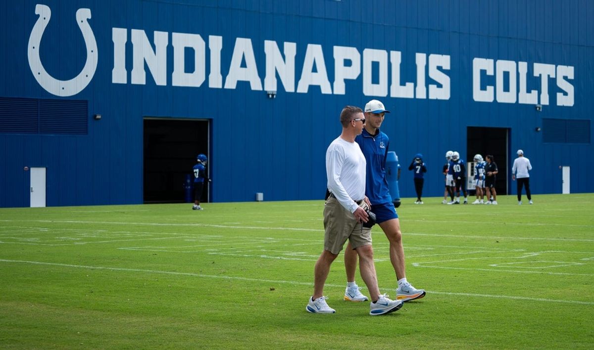Indianapolis Colts wide receiver Alec Pierce (14) walks onto the practice field Wednesday, Aug. 26, 2026, during practice at Indiana Farm Bureau Football Center.