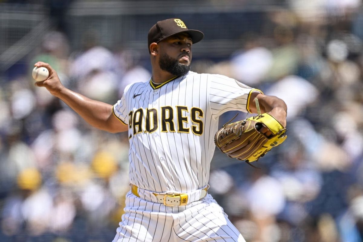 Aug 26, 2026; San Diego, California, USA;  San Diego Padres pitcher Randy Vasquez (98) delivers during the first inning against the Pittsburgh Pirates at Petco Park.  Mandatory Credit: Denis Poroy-Imagn Images