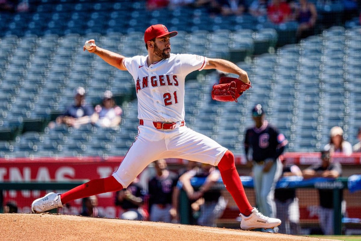 Aug 26, 2026; Anaheim, California, USA;  Los Angeles Angels pitcher Grayson Rodriguez (21) throws in the first inning against the Cleveland Guardians at Angel Stadium.  Mandatory Credit: Jon Endow-Imagn Images