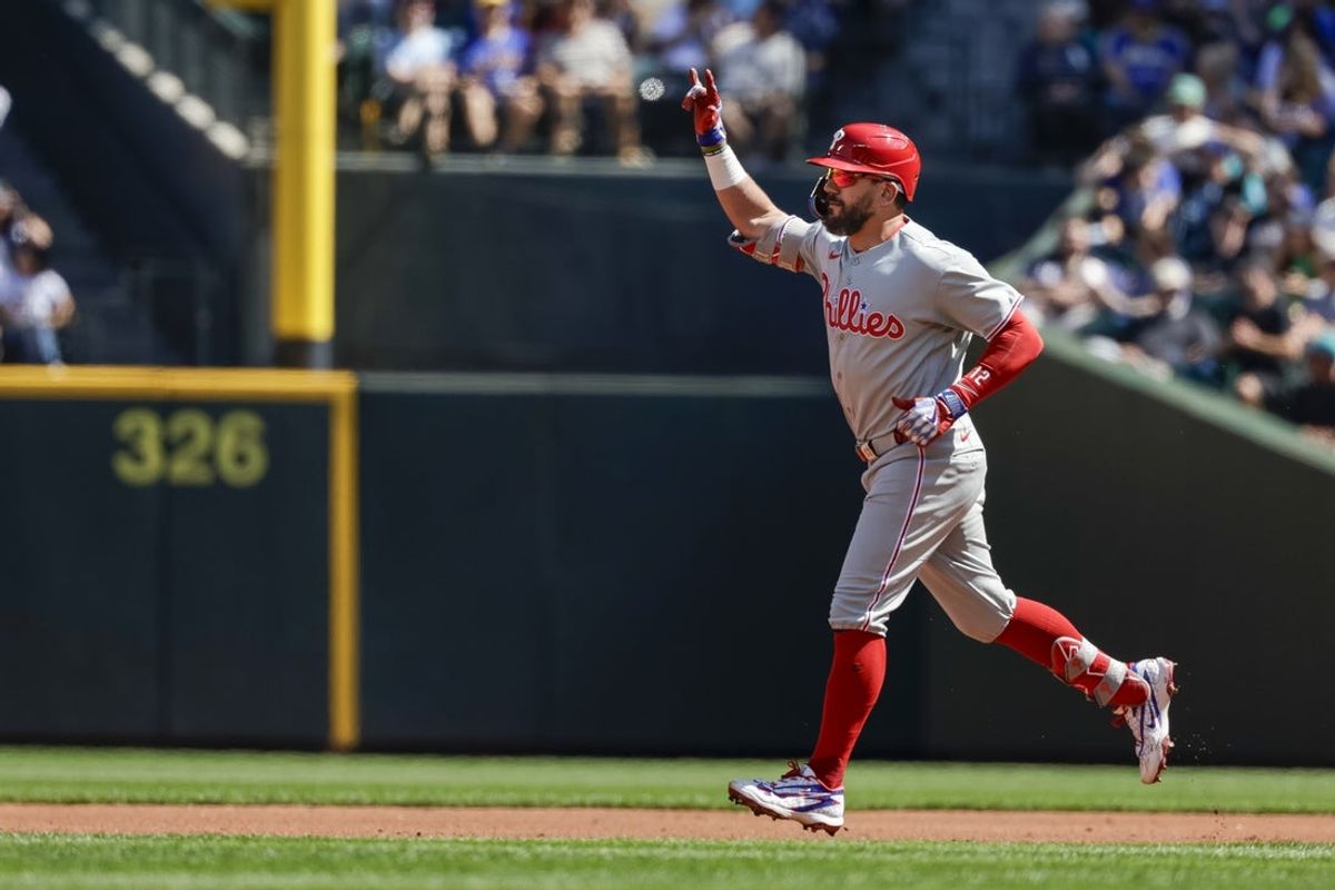 Aug 26, 2026; Seattle, Washington, USA; Philadelphia Phillies designated hitter Kyle Schwarber (12) runs the bases after hitting a three-run home run against the Seattle Mariners during the second inning at T-Mobile Park. Mandatory Credit: Joe Nicholson-Imagn Images