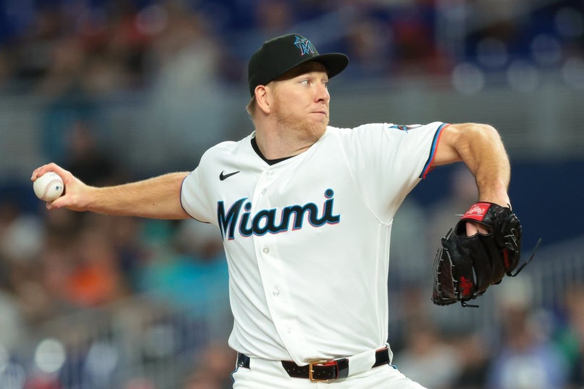 Aug 26, 2026; Miami, Florida, USA; Miami Marlins starting pitcher Ryan Gusto (65) delivers a pitch against the Boston Red Sox during the first inning at loanDepot Park. Mandatory Credit: Sam Navarro-Imagn Images
