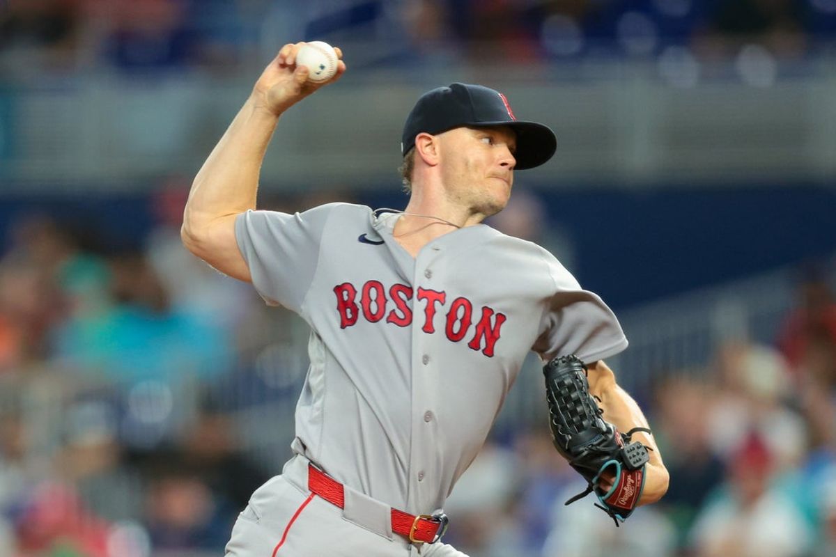 Aug 26, 2026; Miami, Florida, USA; Boston Red Sox pitcher Sonny Gray (54) delivers a pitch against the Miami Marlins during the first inning at loanDepot Park. Mandatory Credit: Sam Navarro-Imagn Images