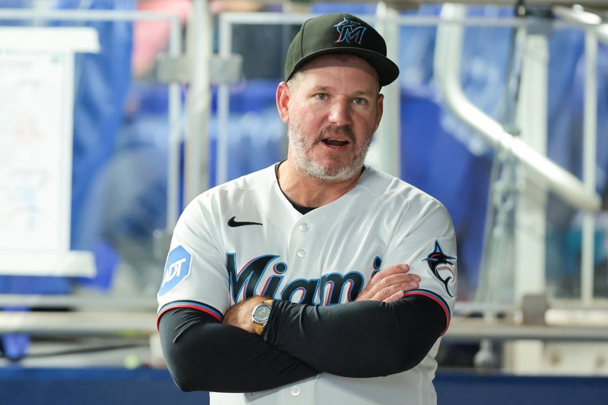 Aug 26, 2026; Miami, Florida, USA; Miami Marlins manager Clayton McCullough (86) looks on before the game against the Boston Red Sox at loanDepot Park. Mandatory Credit: Sam Navarro-Imagn Images