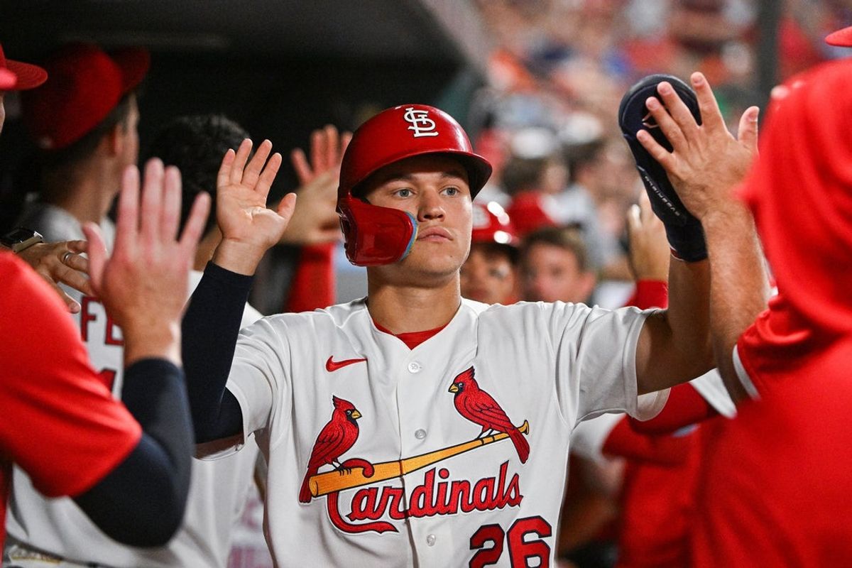 Aug 26, 2026; St. Louis, Missouri, USA; St. Louis Cardinals shortstop JJ Wetherholt (26) is congratulated by teammates after scoring against the Baltimore Orioles during the fifth inning at Busch Stadium. Mandatory Credit: Jeff Curry-Imagn Images