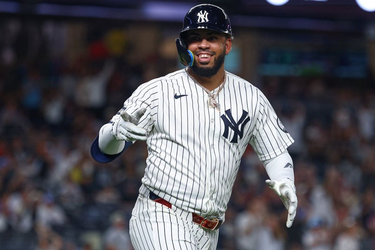 Aug 26, 2026; Bronx, New York, USA; New York Yankees first baseman Luis Garcia Jr. (26) reacts after his two run home run during the eighth inning against the Houston Astros at Yankee Stadium. Mandatory Credit: Vincent Carchietta-Imagn Images