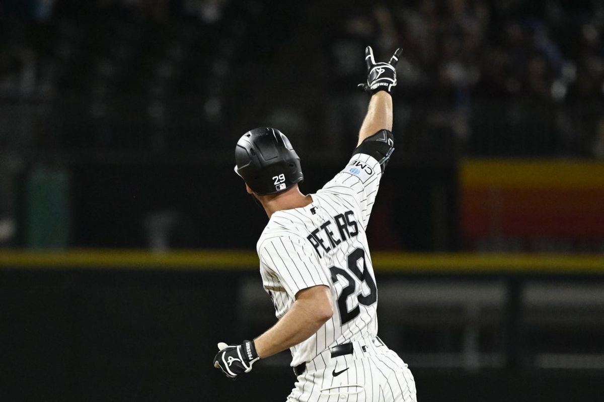 Aug 26, 2026; Chicago, Illinois, USA;  Chicago White Sox center fielder Tristan Peters (29) points after he hits a two run home run during the fifth inning against then Texas Rangers at Rate Field.  Mandatory Credit: Matt Marton-Imagn Images