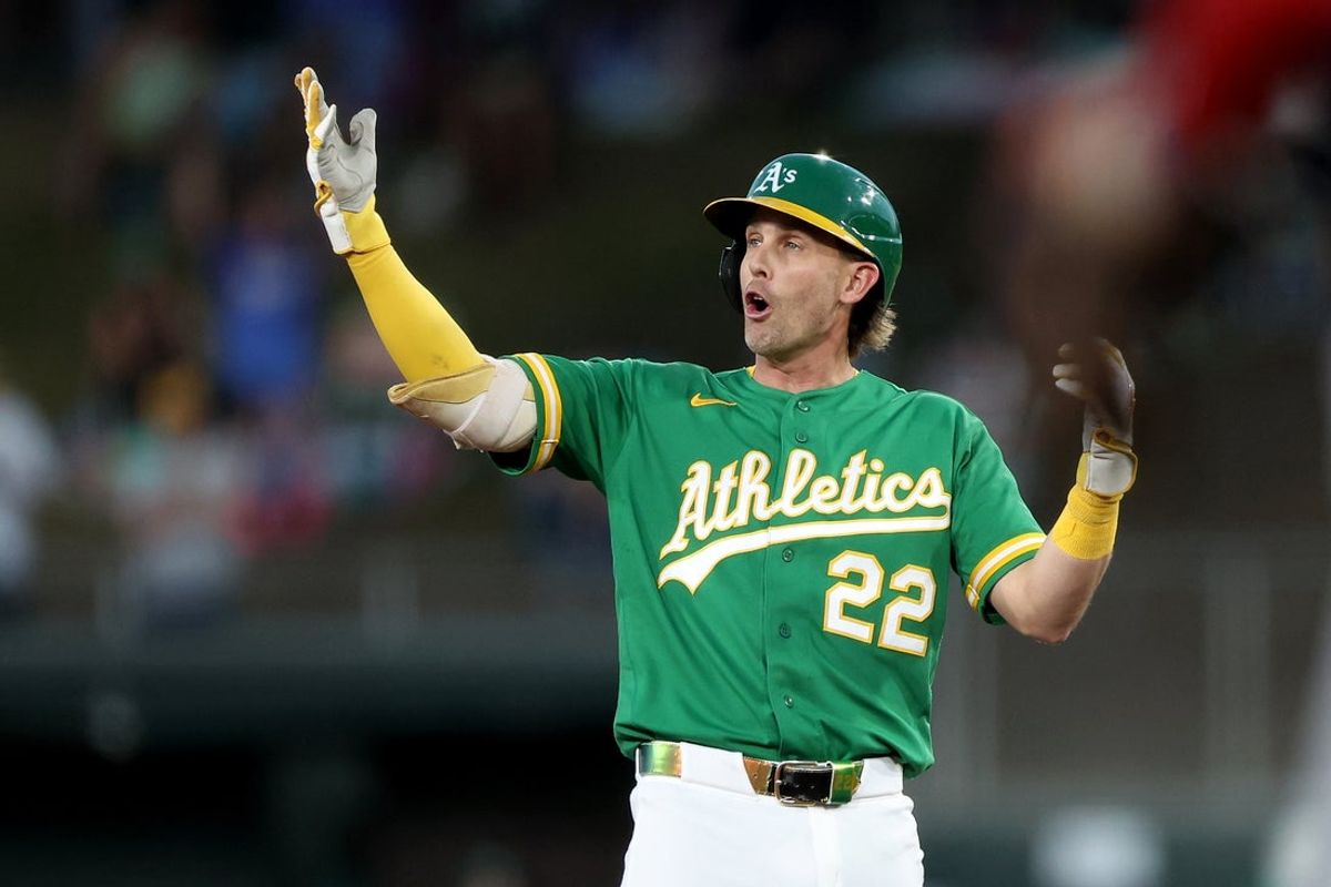 Aug 26, 2026; West Sacramento, California, USA;  Athletics second baseman Jeff McNeil (22) reacts after hitting a RBI double against the Minnesota Twins during the sixth inning  at Sutter Health Park.  Mandatory Credit: Dennis Lee-Imagn Images