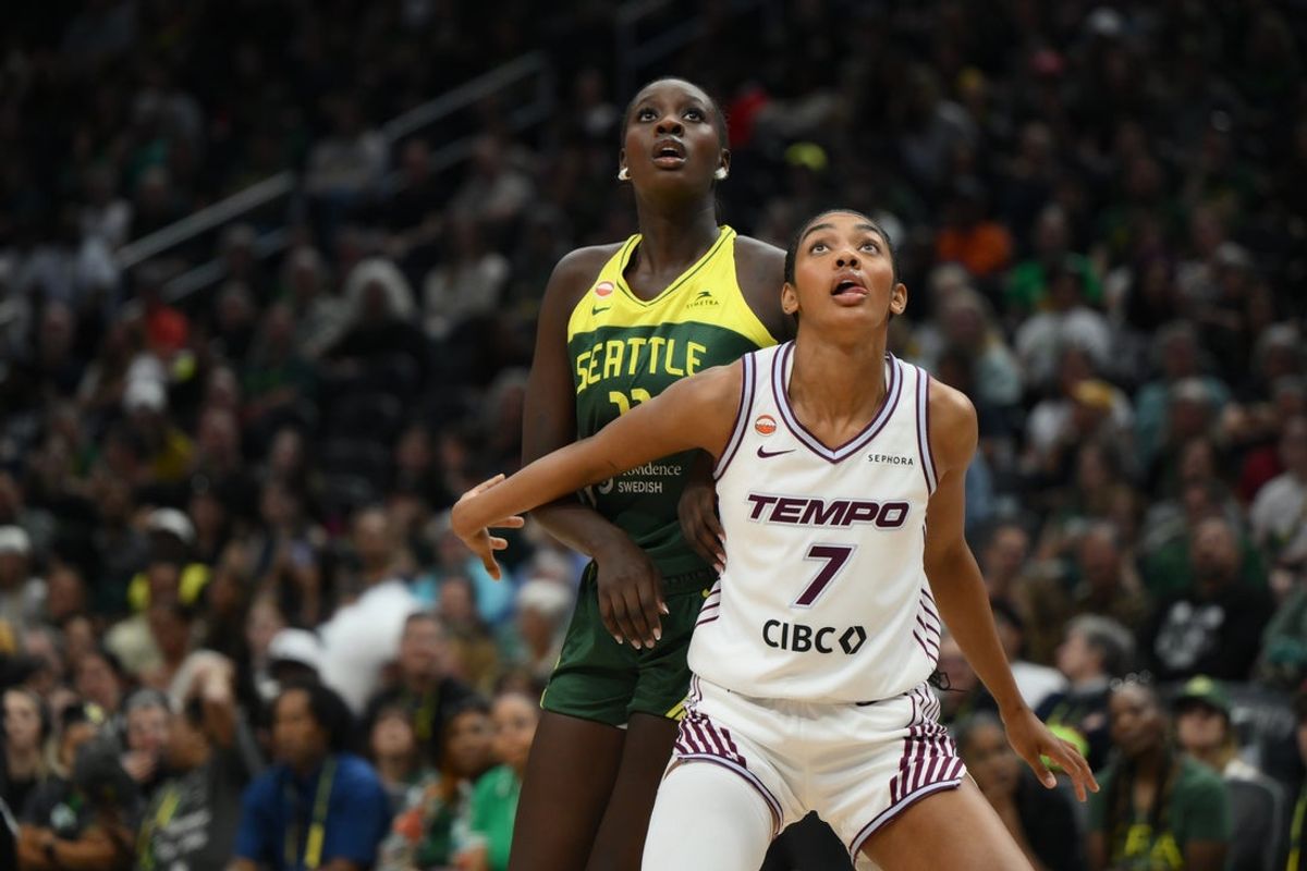 Aug 26, 2026; Seattle, Washington, USA; Toronto Tempo forward Teonni Key (7) blocks out Seattle Storm center Awa Fam (11) during the first half at Climate Pledge Arena. Mandatory Credit: Steven Bisig-Imagn Images