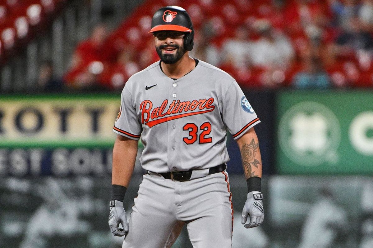 Aug 26, 2026; St. Louis, Missouri, USA; Baltimore Orioles third baseman Christian Encarnacion-Strand (32) reacts after hitting a go ahead one run double against the St. Louis Cardinals during the ninth inning at Busch Stadium. Mandatory Credit: Jeff Curry-Imagn Images